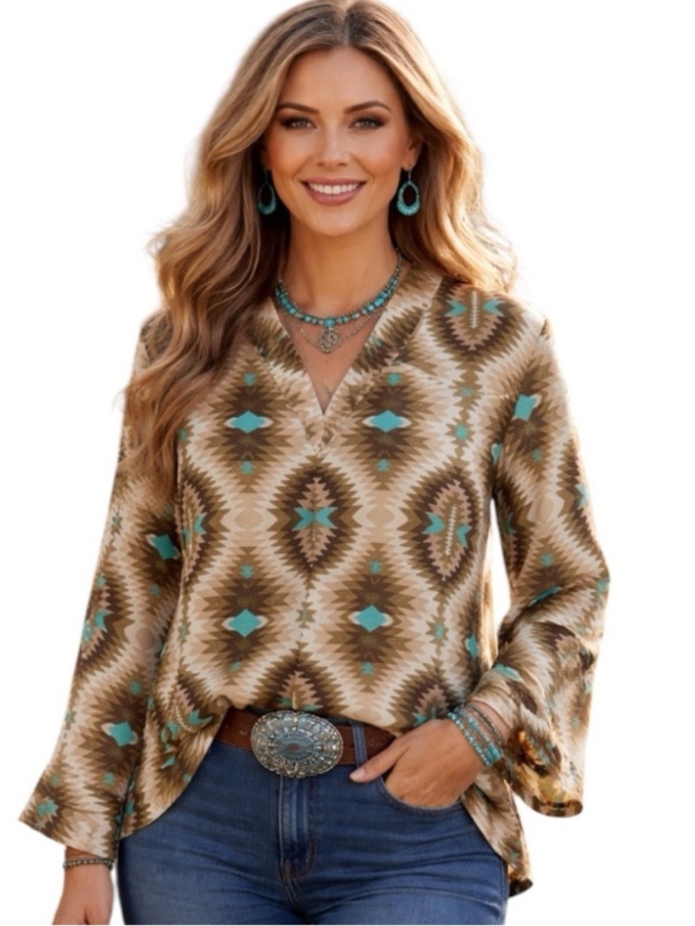Tory Burch Aztec Tribal V-Neck Blouse Size 8 Boho Southwestern Cotton Top
U